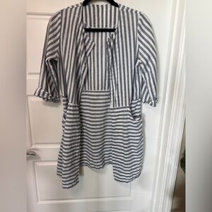 Via Seven Blue and White Striped Linen Open Front Cardigan Style Top